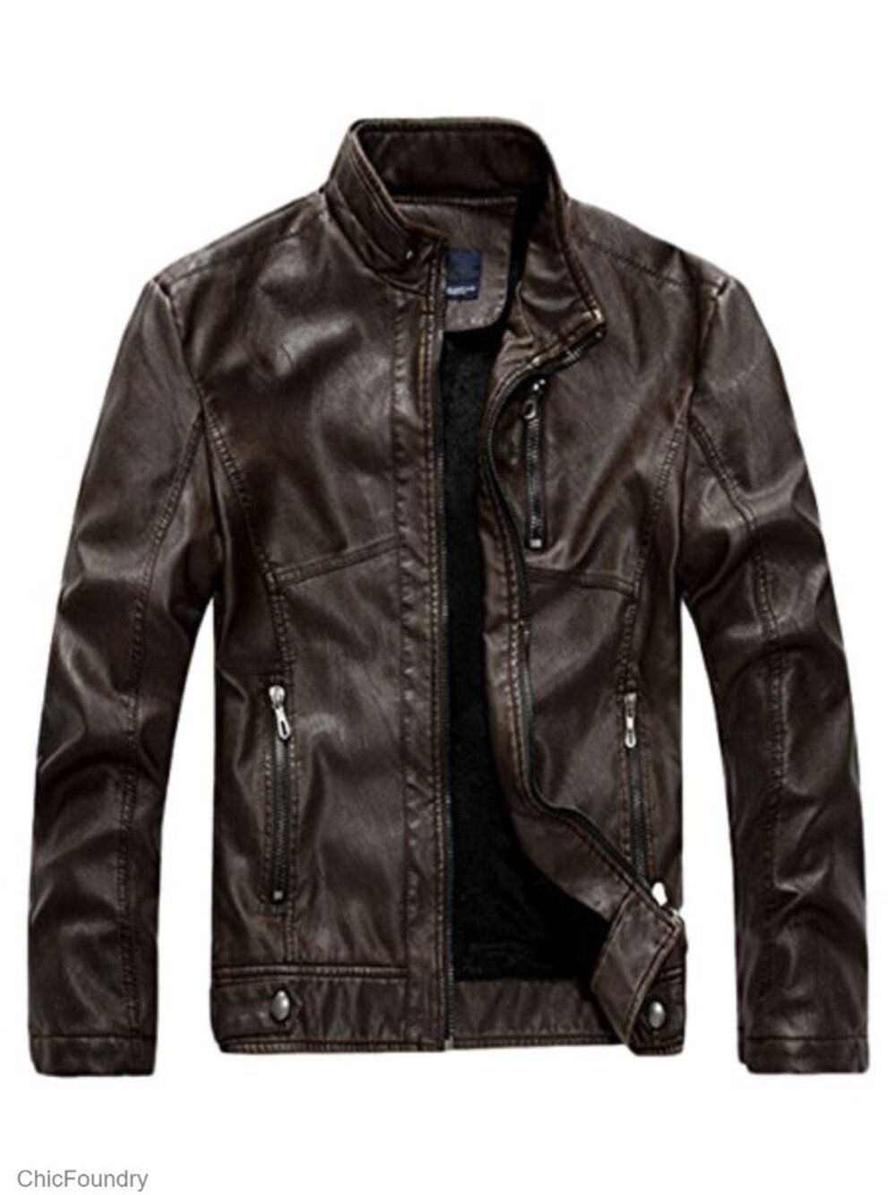 Men's Vintage Stand Collar Faux Leather Motorcycle Jacket with Fleece Lining